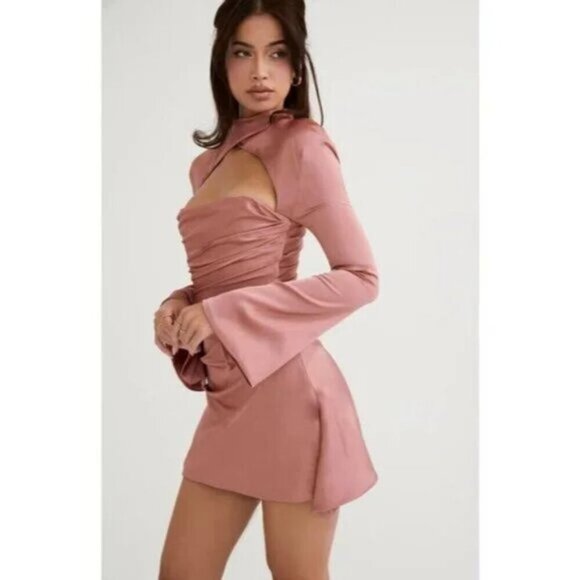 House of CB Satin Long Sleeve Dress in Blush - Picture 14 of 15